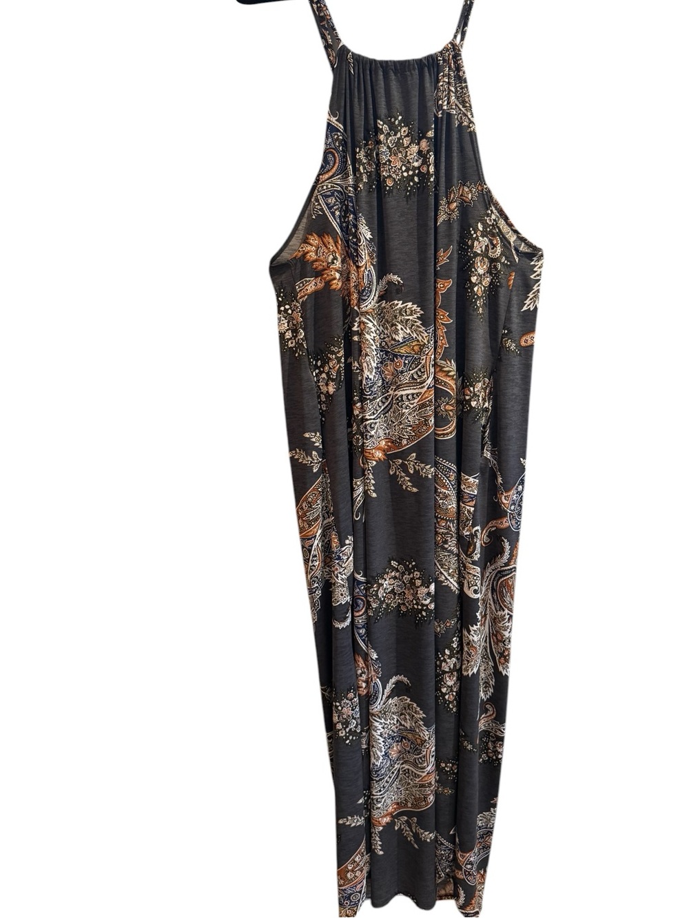 Casual Boho Style Paisley Halter Maxi in Charcoal, Rust and Cream. Size L - Picture 3 of 8